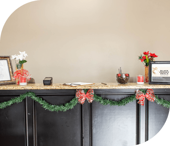 Festive reception desk with holiday decorations